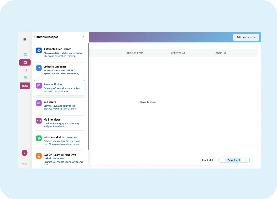 Resume Builder interface in ORO AI's Career Launchpad, showcasing options for automated job search, LinkedIn optimization, and resume creation